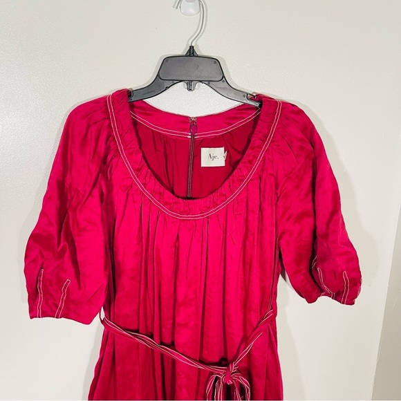 NEW Aje Rebellion Midi Dress Puff Sleeve Embroidered Silk Linen Blend Red Wine - Picture 4 of 11